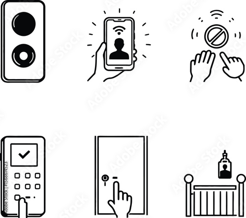 Minimal home security icon set featuring doorbell, smartphone alert, silent mode, keypad access, keyhole entry, and baby monitor on white background