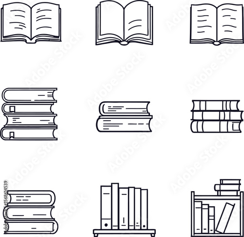 Minimal book icon set featuring open books, stacked volumes, and shelf arrangements on white background for clean educational and publishing visuals