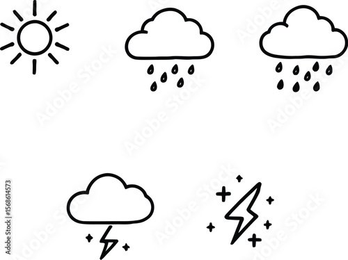 Minimal weather icon set featuring sun, light rain, heavy rain, thunderstorm, and lightning symbols on white background for clean forecast visuals