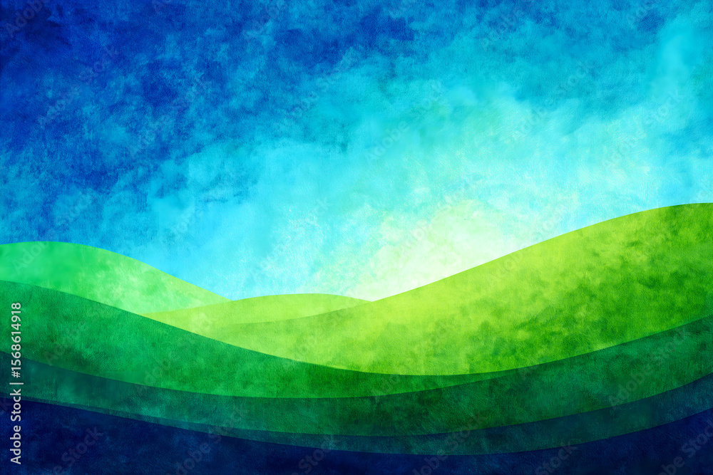 Obraz premium Abstract Watercolor Sunrise Over Blue Sky And Grassland Hills 