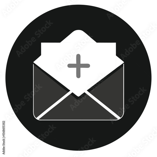 Modern envelope icon with plus symbol for new message or compose functionality on a dark circular background