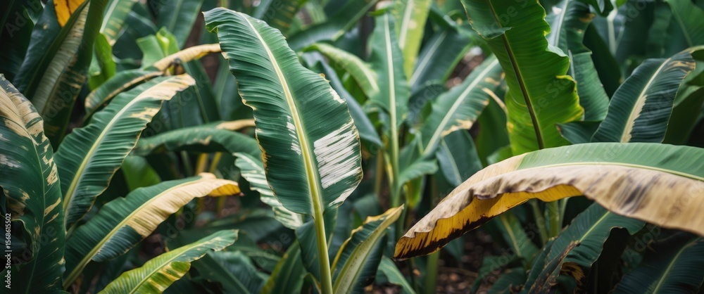 Fototapeta premium Lush green banana leaves in a dense plantation, showcasing thriving tropical vegetation and healthy foliage.