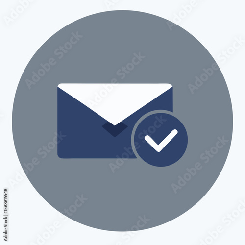 Modern flat icon of a dark blue envelope with a white letter inside and a teal checkmark symbol indicating success or confirmation