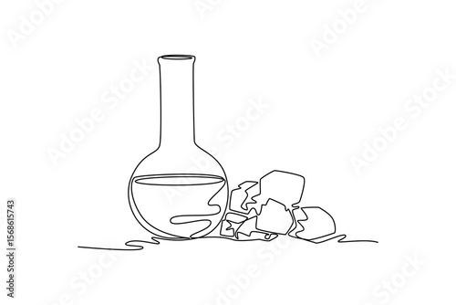 Crude oil in glass beaker and black hard coal. world commodities and oil concept. Single line draw design. Vector graphic illustration
