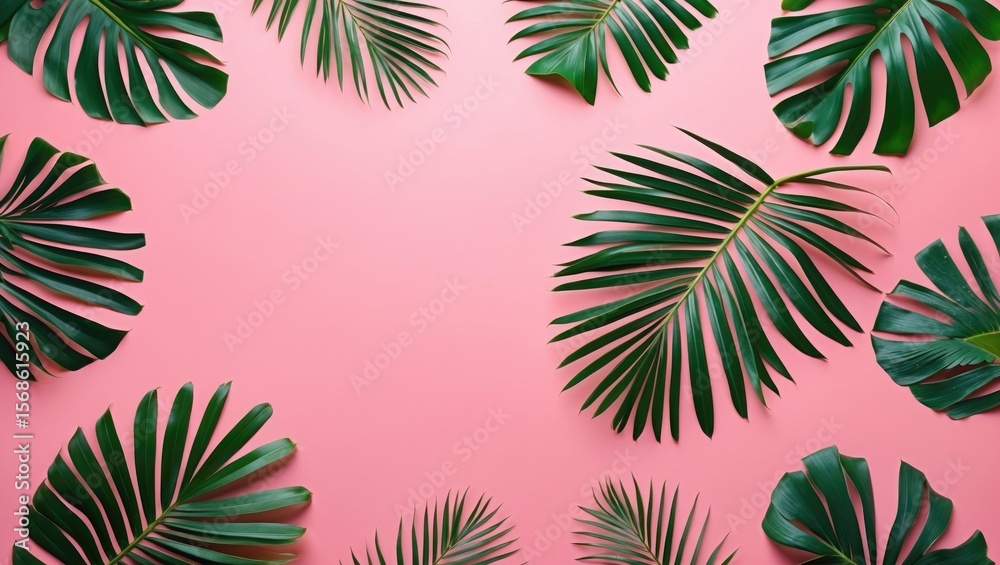 Naklejka premium Green palm leaves arranged on pink background. Exotic leaves and tropical theme. Nature, botanical and summer vibes.