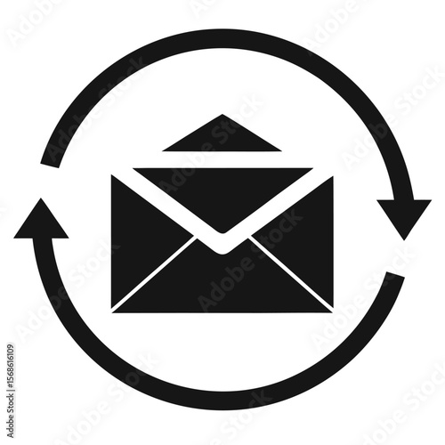 Black and white icon representing email communication with a circular arrow indicating a continuous or recurring process symbolizing updates or exchanges