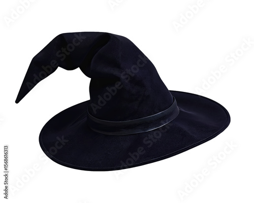 Classic pointed black witch hat with curved tip and wide brim isolated on transparent background.