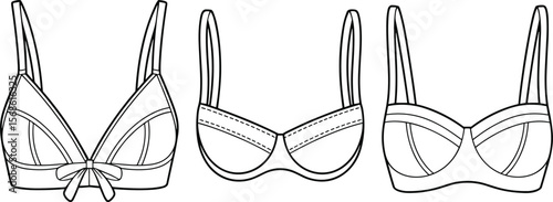 Stylish Women's Bra Technical Flats Vector Set with Bow Details, Ideal for Lingerie Design, Apparel Mockups, and Undergarment Development.