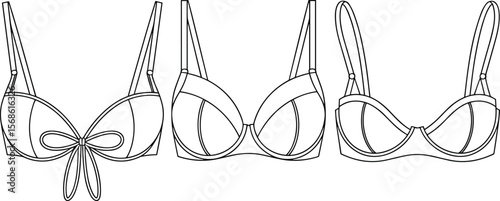Stylish Women's Bra Technical Flats Vector Set, Featuring Various Design Details, Ideal for Lingerie Design and Apparel Mockups.