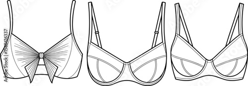 Stylish Women's Bra Flat Technical Sketch with Bow Detail, Front View, Ideal for Lingerie Design and Apparel Mockups.