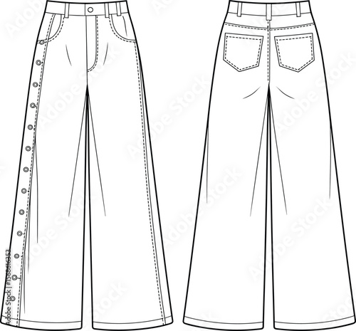 Stylish Women's Wide Leg Pants Flat Technical Sketch with Side Buttons, Front and Back Views, Ideal for Fashion Design.