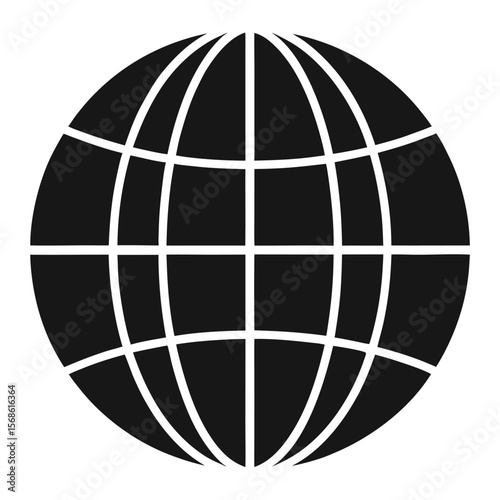 A stark black and white graphic illustration of a stylized globe with a grid of white lines representing continents and meridians
