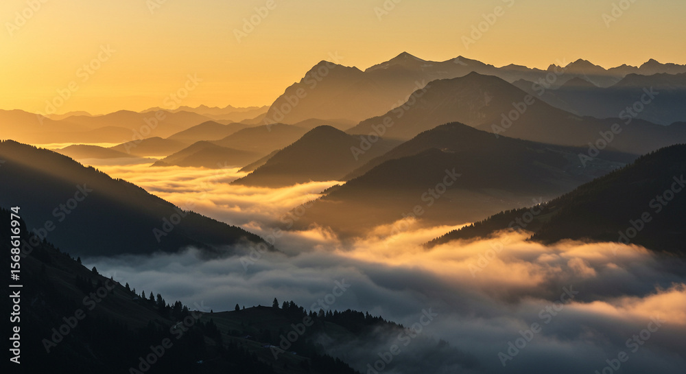 Obraz premium Evening mountain landscape with fog rolling through valleys, low sun casting golden hue