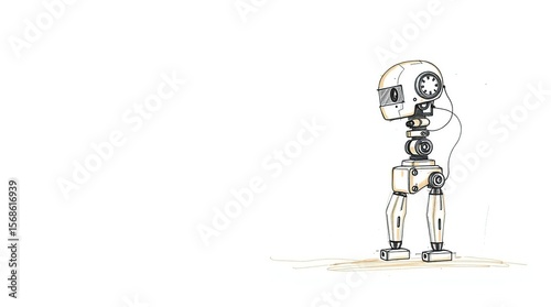 Sketch Robot Standing White Background.