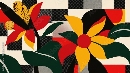 Wallpaper Mural Bold floral art on checkered background Torontodigital.ca