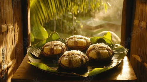 Wallpaper Mural Steamed rice cakes on banana leaves, window view Torontodigital.ca