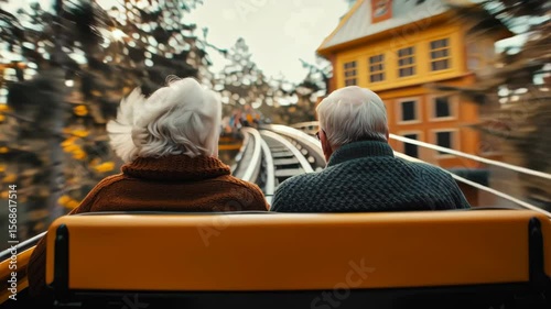 Back view of a senior couple riding a high-speed roller coaster at a theme park, arms raised in joy. A moment of thrill, freedom, and shared adventure, symbolizing ageless fun and youthful spirit.

