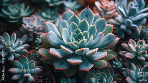 Close-up of various succulent plants with fleshy leaves, emphasizing their textures and colors in a natural setting.