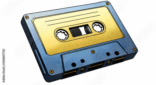 Vintage Halftone Blue and Gold Cassette Tape with Metallic Label, Circular Cutouts, and Reflective Gold Buttons