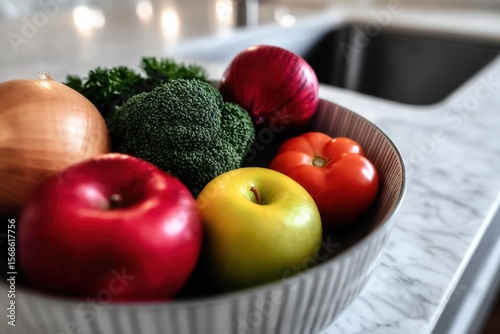 Fresh healthy vegetables and fruits including s broccoli onion garlic tomato and onion on a kitchen countertop in a bowl