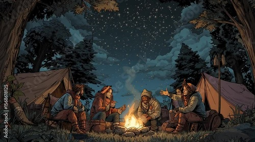 Camping trip under the stars: friends around campfire in the wilderness at night cartoon style