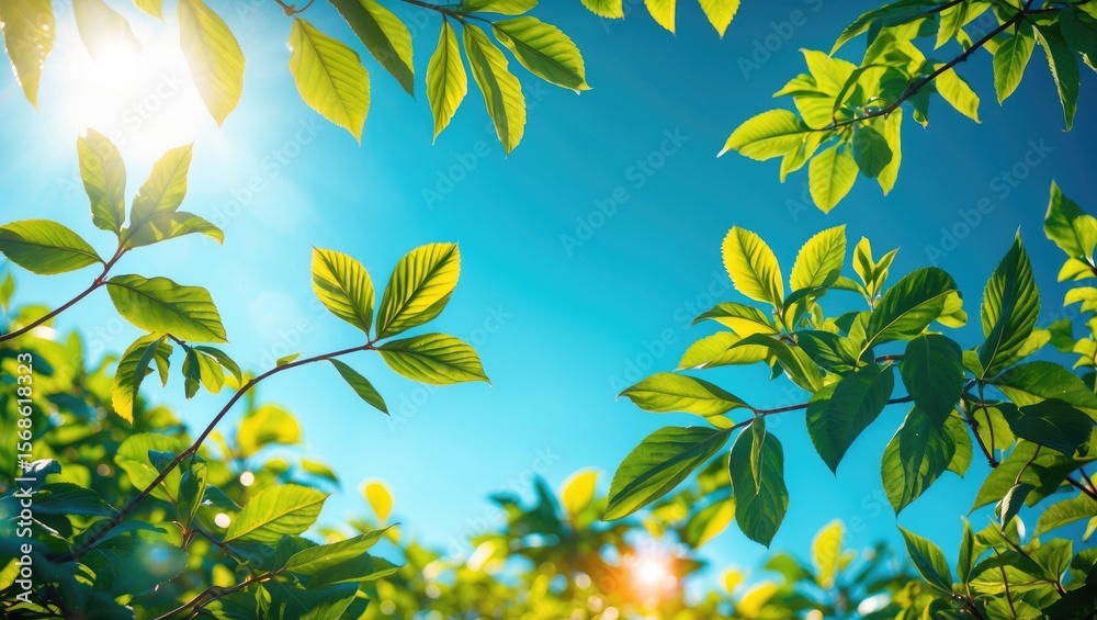 Obraz premium Bright sunlight shining through green leaves on a sunny day against a clear blue sky.