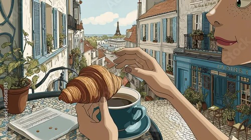 Parisian cafe scene: woman drinking coffee with eiffel tower view and croissant illustration art