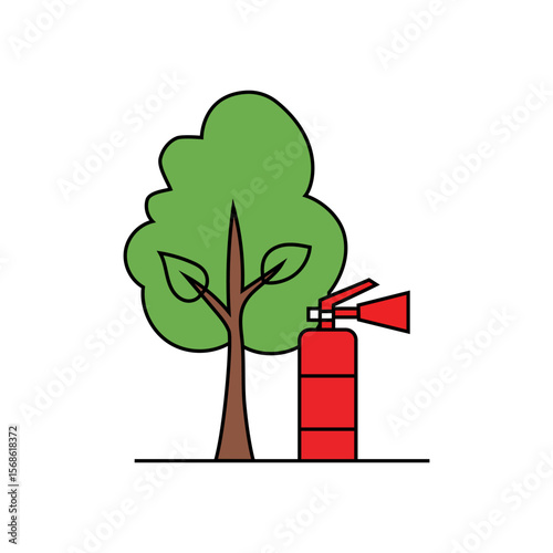 Tree fire hydrant. Nature safety symbol. Outdoor equipment illustration. Green brown vector.
