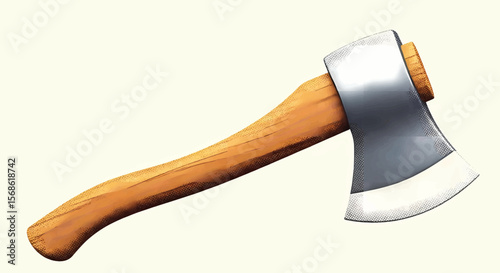 Halftone Silver-Gray Axe with a Light Brown Wooden Handle and Sharp, Reflective Blade