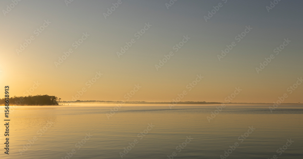 Fototapeta premium An early morning view along the Pasquotank River with calm water and mist on the distant surface