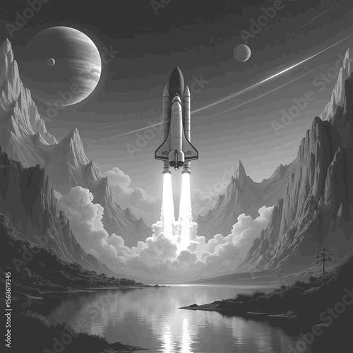 Space rocket launches from alien planet, sci-fi monochrome vector poster. Multilayer SVG file without gaps between paths.