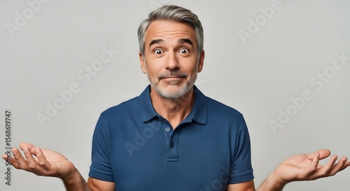 Portrait of a middle-aged person with graying hair expressing uncertainty against a neutral gray background. He wears a blue shirt with an open-mouthed expression and raised eyebrows.