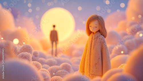 A woman gazes into the distance as a man walks toward her, backlit by soft golden light under a bright pastel sky.