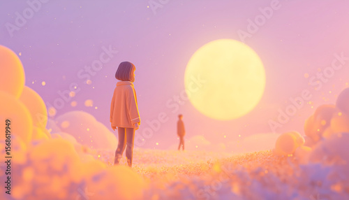 A woman gazes into the distance as a man walks toward her, backlit by soft golden light under a bright pastel sky.