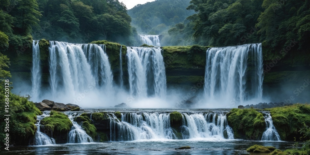Fototapeta premium Waterfall in a lush green forest with cascading streams and mist, scenic landscape. Nature and waterfall, landscape. The concept of natural beauty and serenity.