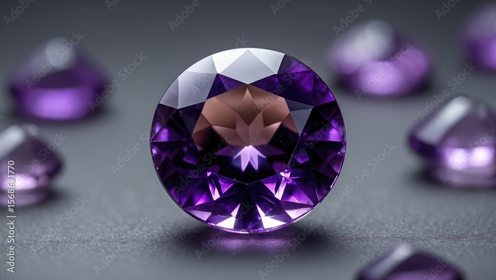 Fototapeta premium Purple gemstone with surrounding smaller stones, close-up, on a dark background.
