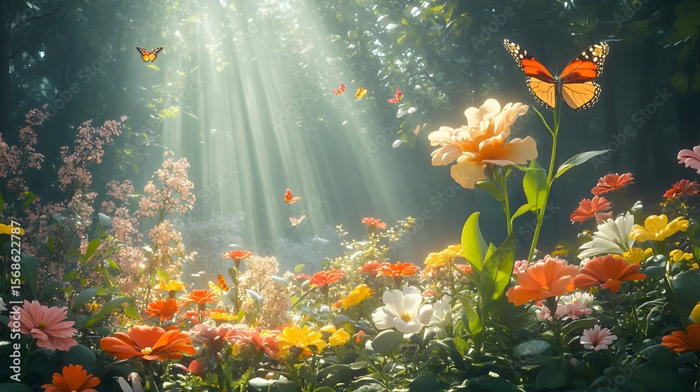 Sun-drenched garden with blooming flowers and fluttering butterflies, a monarch perched on orange petals. Weather theme: Sunlight filters through the trees, creating a magical scene. Sun-drenched garden with blooming flowers and fluttering butterflies, a monarch perched on orange petals. Weather theme: Sunlight filters through the trees, creating a magical scene.