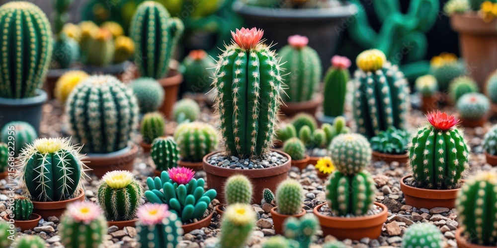 Fototapeta premium Various potted cacti and succulents arranged together, showcasing different shapes and colors. Nature and gardening, concept. Plant diversity and care. The theme of desert plants.