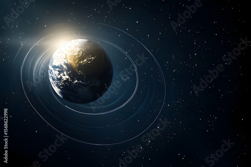3D view of Earth's orbit showing equinox position, sun rays striking equator perpendicularly, clear celestial composition