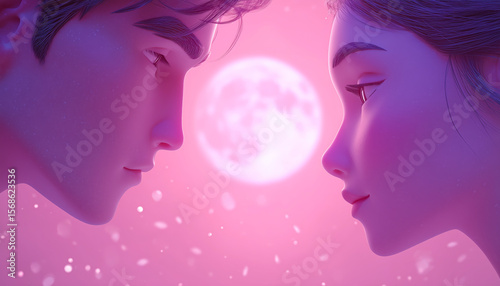Two softly sculpted figures face each other from opposite sides, sharing a quiet moment of longing under a pastel moonlit sky.