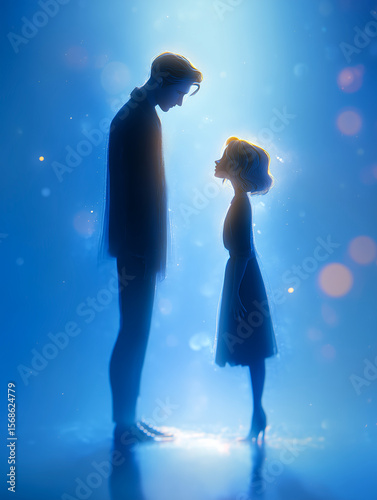 A man and woman face each other in soft blue light, their eyes connecting deeply as their hands nearly touch.