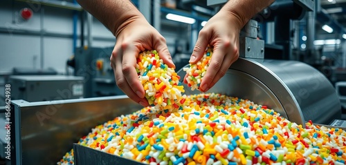 Hands loading plastic pellets into industrial machinery,  plastics,   bin