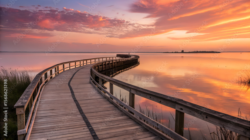 Obraz premium Serene Sunset A Wooden Boardwalk Curves Gracefully into a Calm Bay