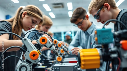 Teens building robots in lab.