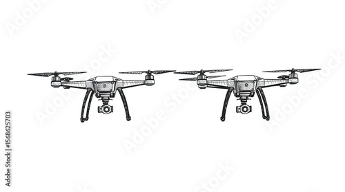Two Drones with Sketch, and White Background.