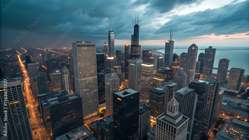 Fototapeta premium Dramatic Aerial View of Cityscape at Dusk High-Rise Buildings, City Lights, and Stormy Sky