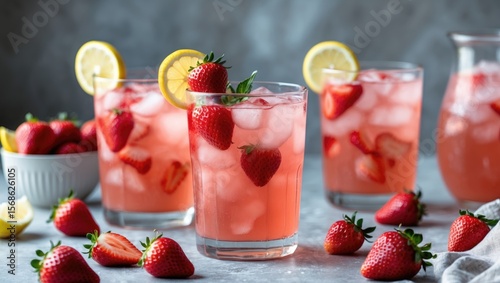 Wallpaper Mural Fresh strawberry lemonade with lemon slices and strawberries, served over ice. Refreshing summer beverage. Torontodigital.ca