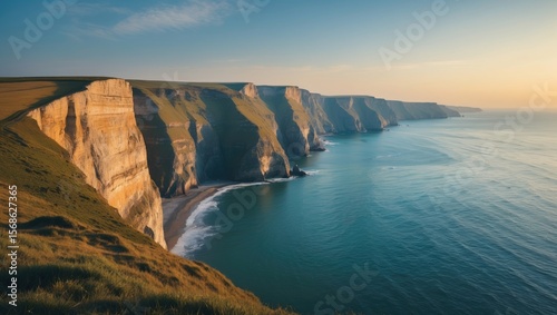 Cliffs along the ocean at sunset with waves hitting the shore and green grass on top. Coastal scenery and natural landscape. The scene of the sea and cliffs.