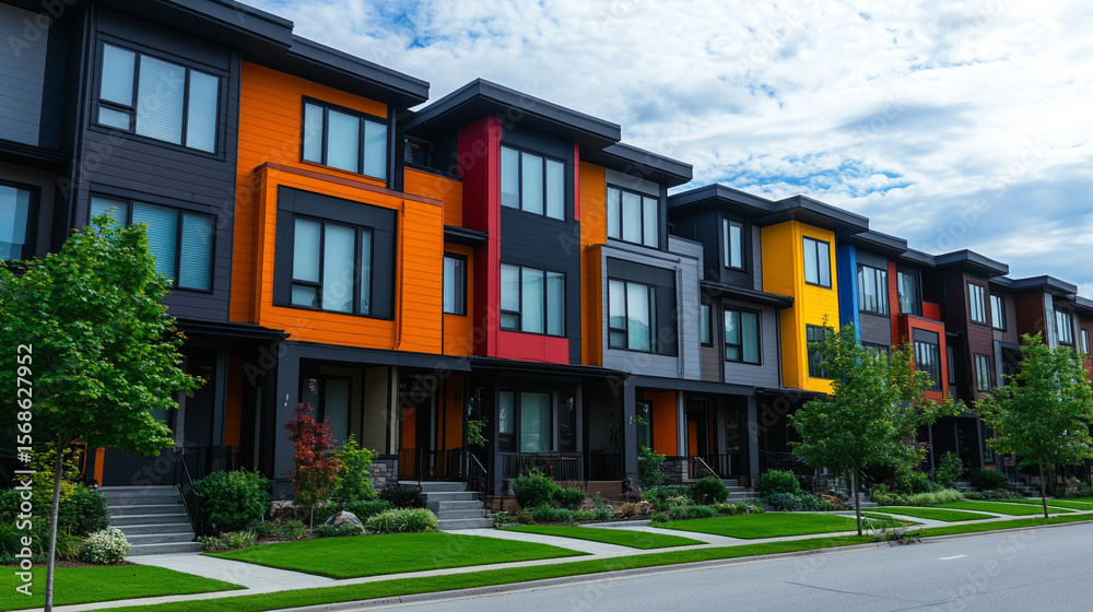 Naklejka premium Vibrant row of colorful modern townhouses under clear blue sky. Contemporary architecture with clean lines and playful hues. Urban lifestyle, cheerful neighborhood, and sunny atmosphere.
