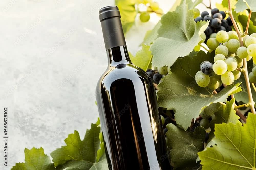 Botella de Vino Tinto Sin Marca entre Hojas de Vid y Uvas Frescas generativa IA